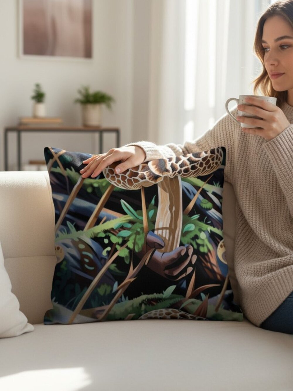 Foraging Morel Mushrooms in the Forest | Nature Art Print Gustave Cushion Cover